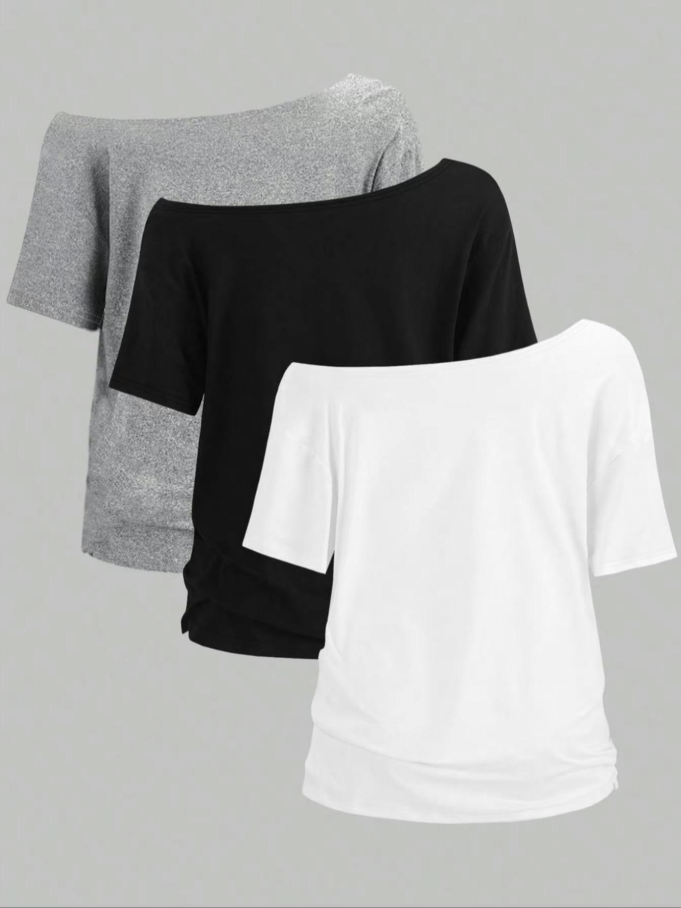 Women's Off-Shoulder Loose Casual Short Sleeve Knit T-Shirt Set of 3, Comfortable Summer Tops for Daily Wear, Stylish and Versatile