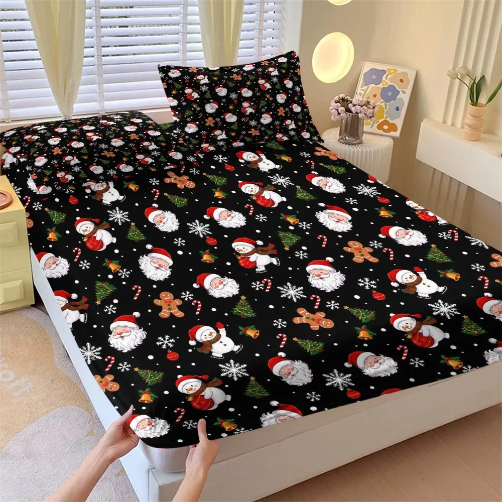 3-Piece Christmas Print Bed Sheet Set, Soft Breathable Mattress Protector, Bedroom & Kids Room Decor, Holiday Bedding Essentials