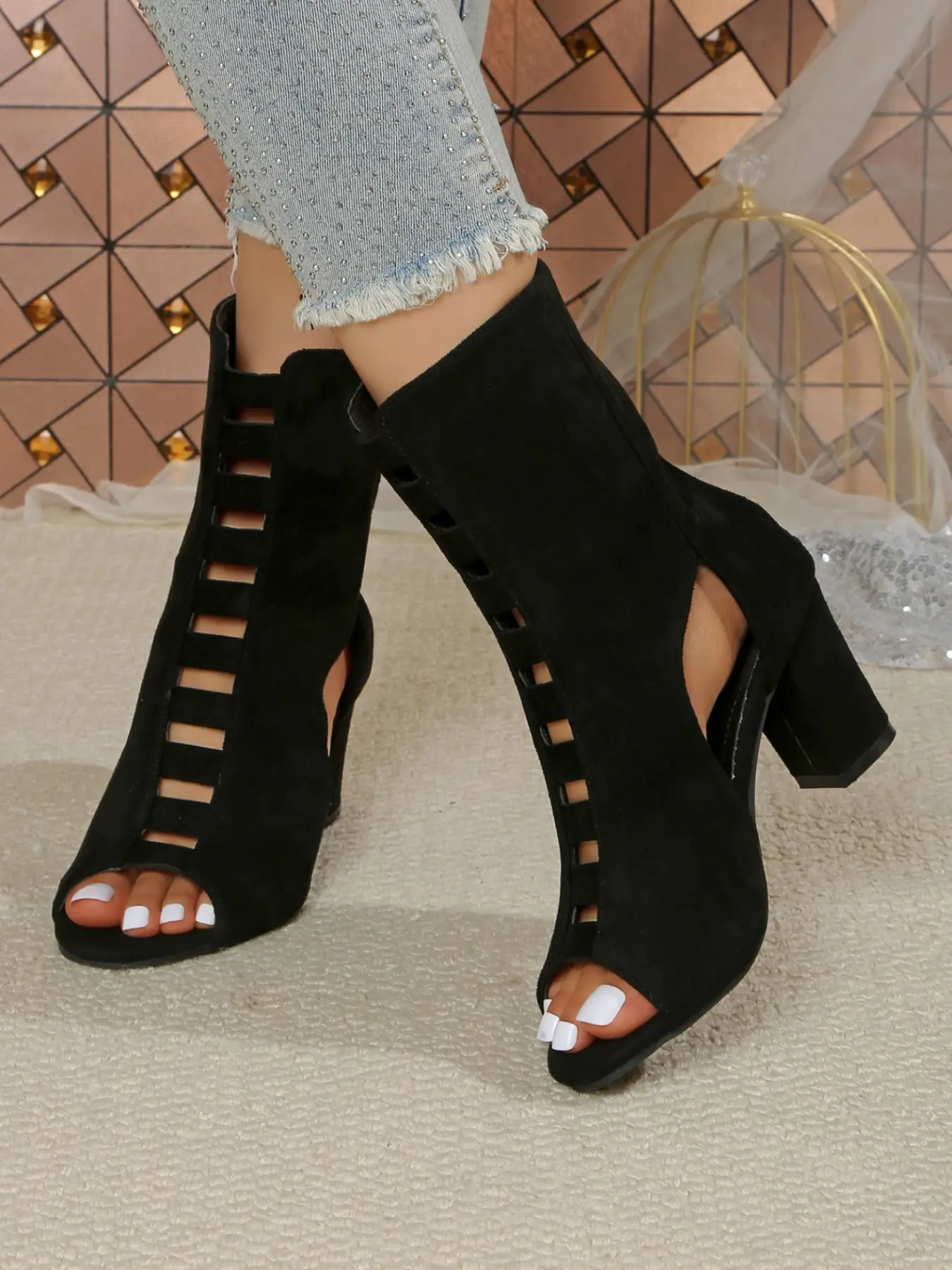 Women Faux Suede Cutout Peep Toe Block Heel Bootie Sandals, Open Toe Ankle High Heels, Casual Party Summer Fall Footwear, Block Heeled Sandal, 1 Color Black
