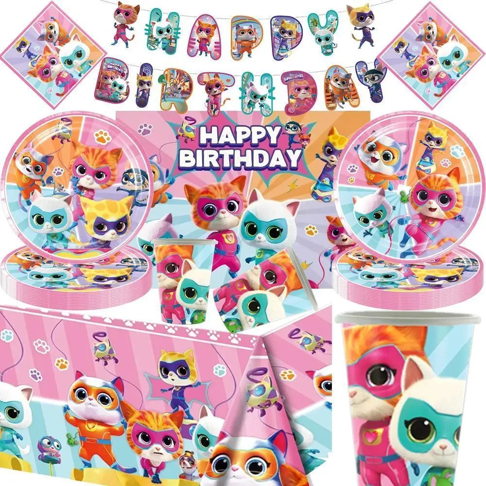 Super Cat Squad Birthday Decorations Tableware Disposable Cupcake Toppers Napkins Cups Plates Tablecloths Kids Party Supplies