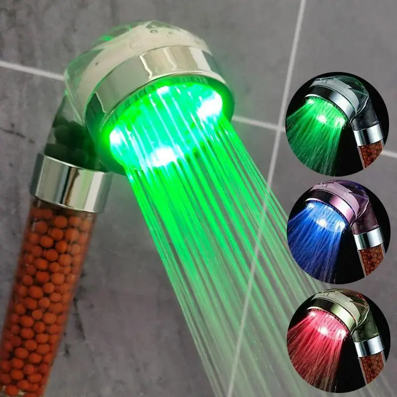 LED Shower Head High Pressure Anion Filter Water Saving Showerhead Temperature Control Colorful Light Handheld Big Rain Shower