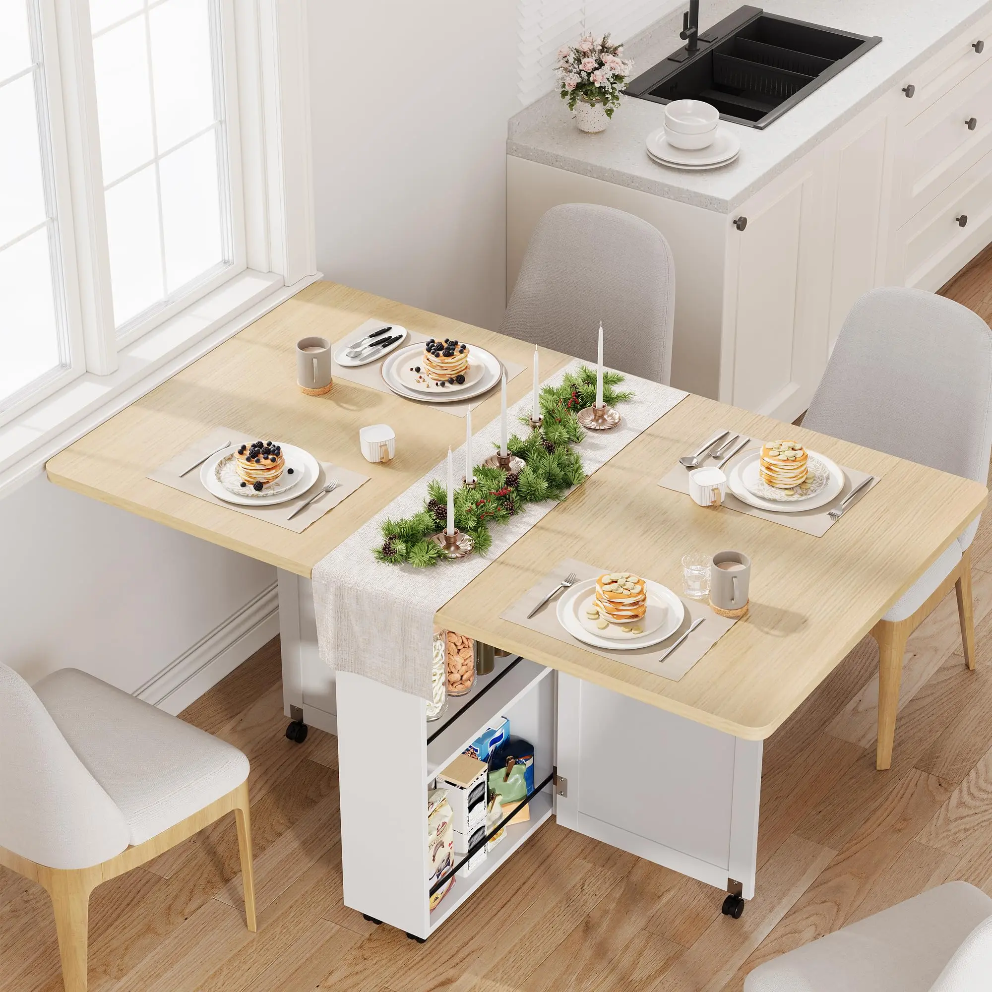 Space-Saving White Folding Dining Table with Storage – Compact Kitchen Table with 6 Wheels, Drawer, and Shelves for Small Spaces