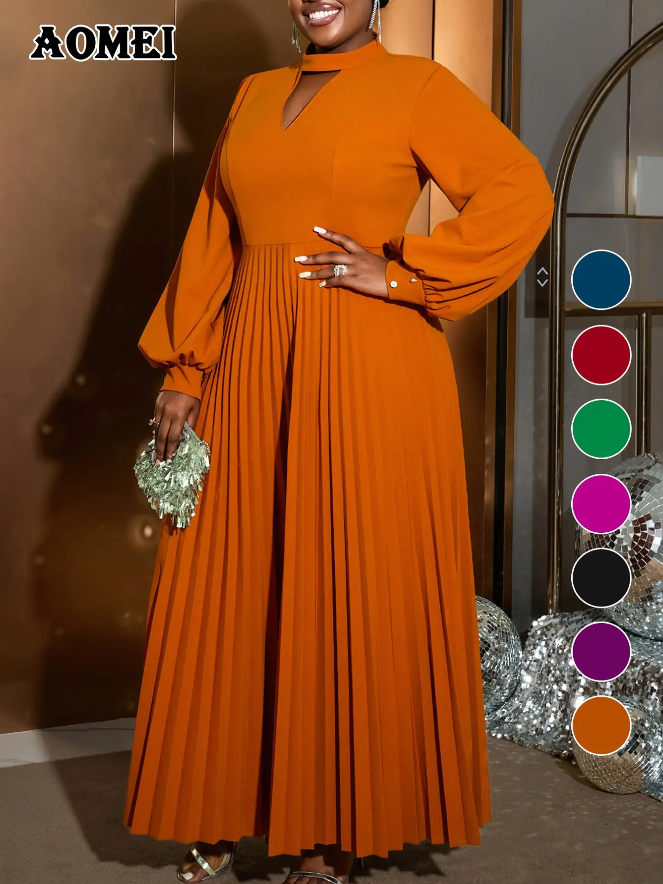 Aomei Elegant Midi Dress, Cut Out Design, Long Sleeve, Fitted, Plain Surface, All Seasons, Comfortable Loose Fit, Pleated Skirt