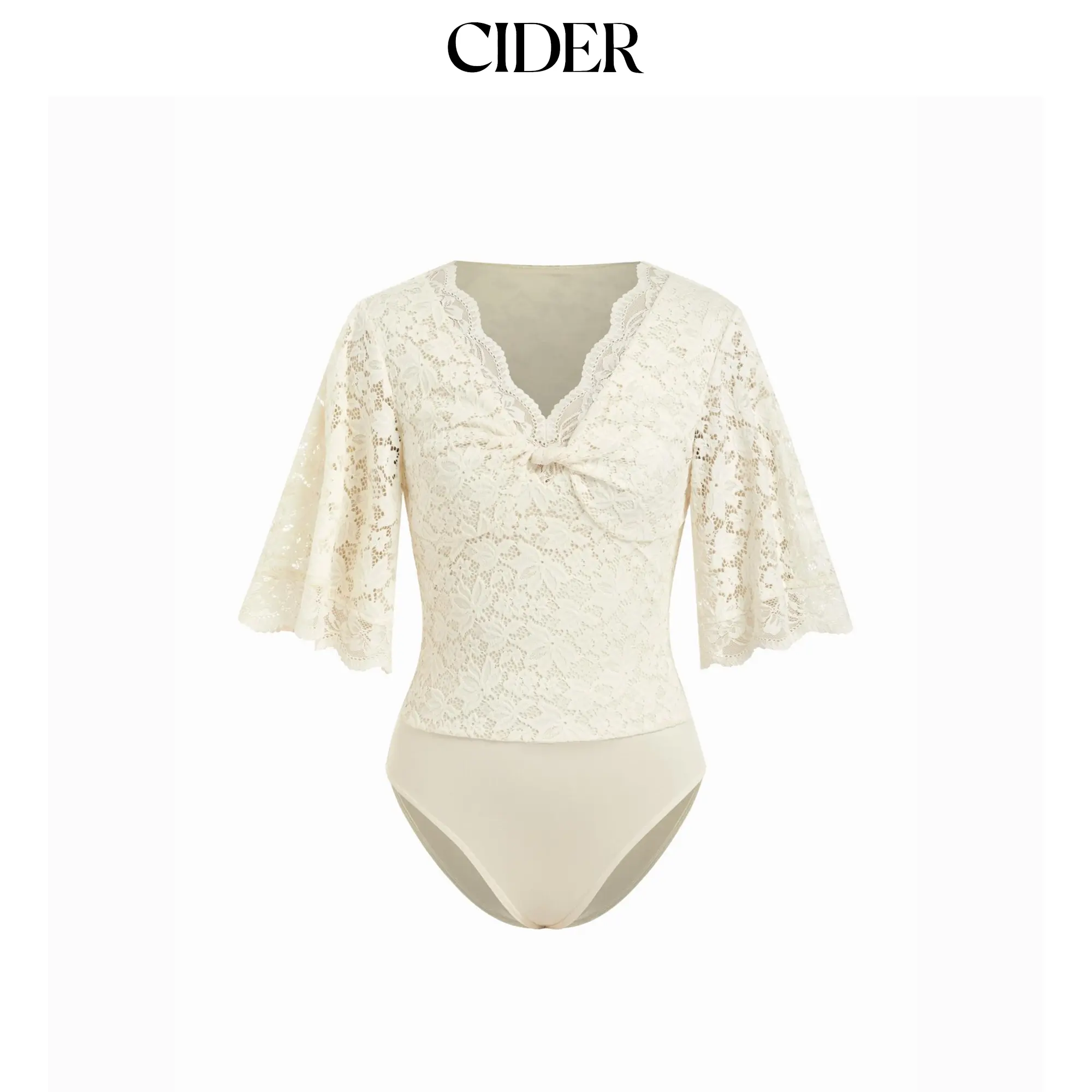 Cider Lace Jacquard Sweetheart Neck Bell Sleeve Twist Knotted Bodysuit