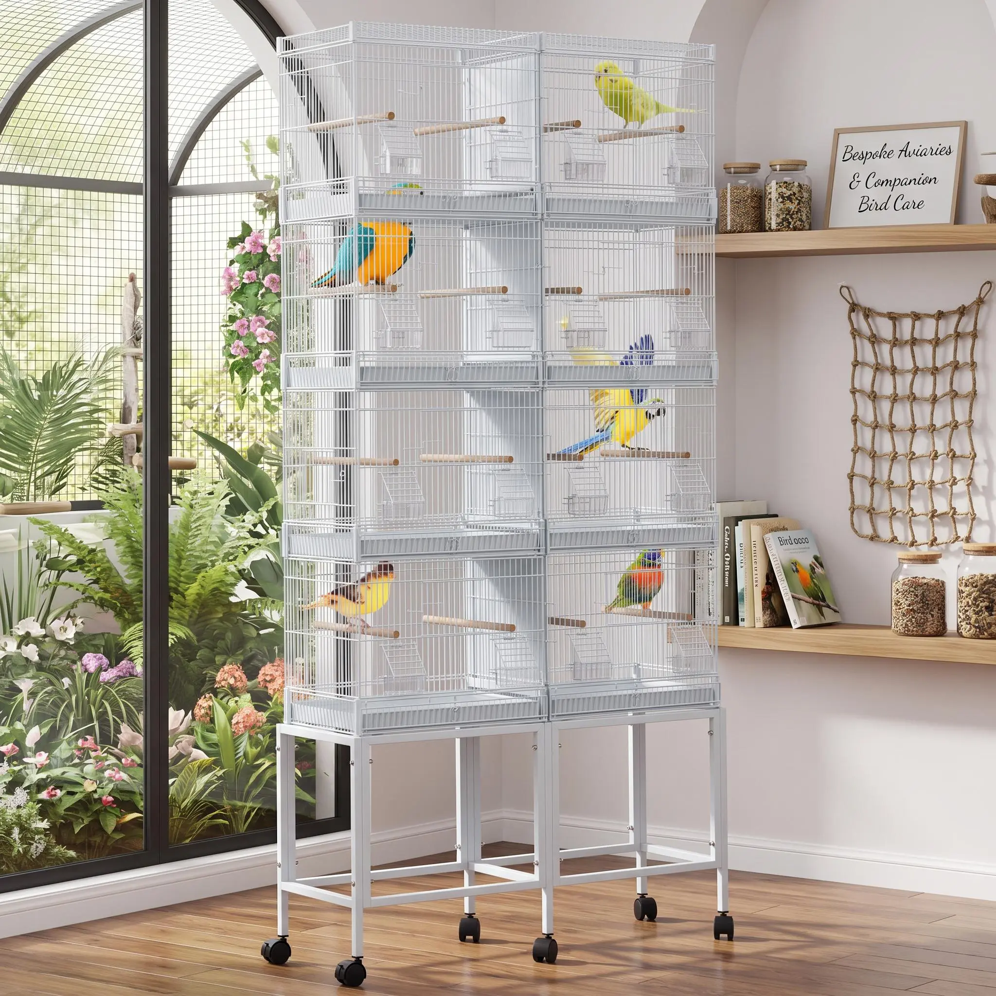 【IdealHouse】Two specifications Stackable Large Bird Cage For Parakeets Finches, 4‑Unit 67 Inch H Carbon Steel Aviary With Dividers Removable Trays Locking Casters Bird Playstand Perches Ladders Secure Easy Clean For Indoor Outdoor