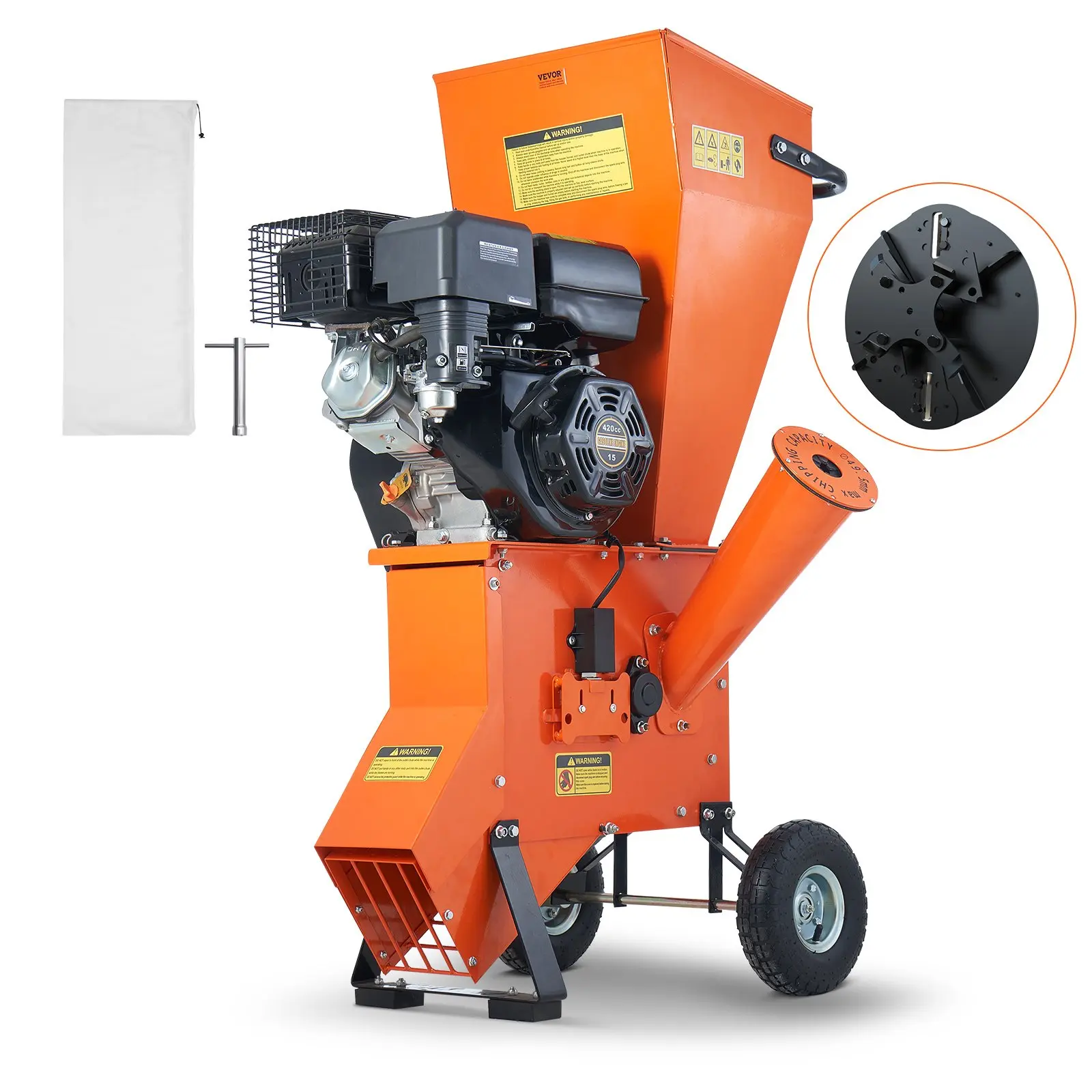 VEVOR Gas Powered Wood Chipper Shredder Mulcher, 12 HP Heavy Duty 420cc 8.6 kW Engine, 2" Max Diameter Capacity, for Forestry, Gardens, CE/EMC/EPA Listed