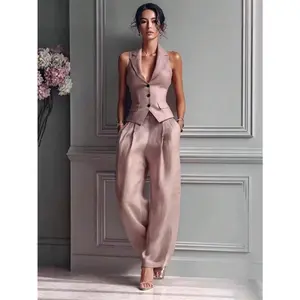 Women: V-Neck Button-Down Vest And Trousers, Casual Suit For Everyday Work And Business.