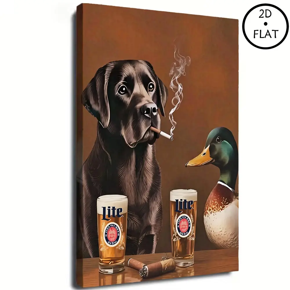Retro Funny Animal Wall Decor, Abstract Canvas Print of Dog Smoking Cigarette & Drinking Beer and Mallard Pet Art, Vintage Artwork for Bedroom, Living Room & Bar Decoration,  poster for boyfriend  , dopamine   Decor   items Personalized Portrait church