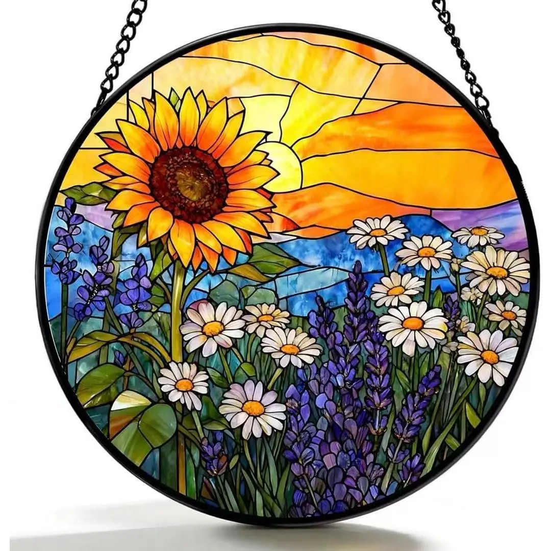 Stained Glass Window Hanging - Sunflowers, Daisies, Lavender and Sunset 6.3 Inches Suncatcher for Garden Home Decor for Women Mom Grandma Friends