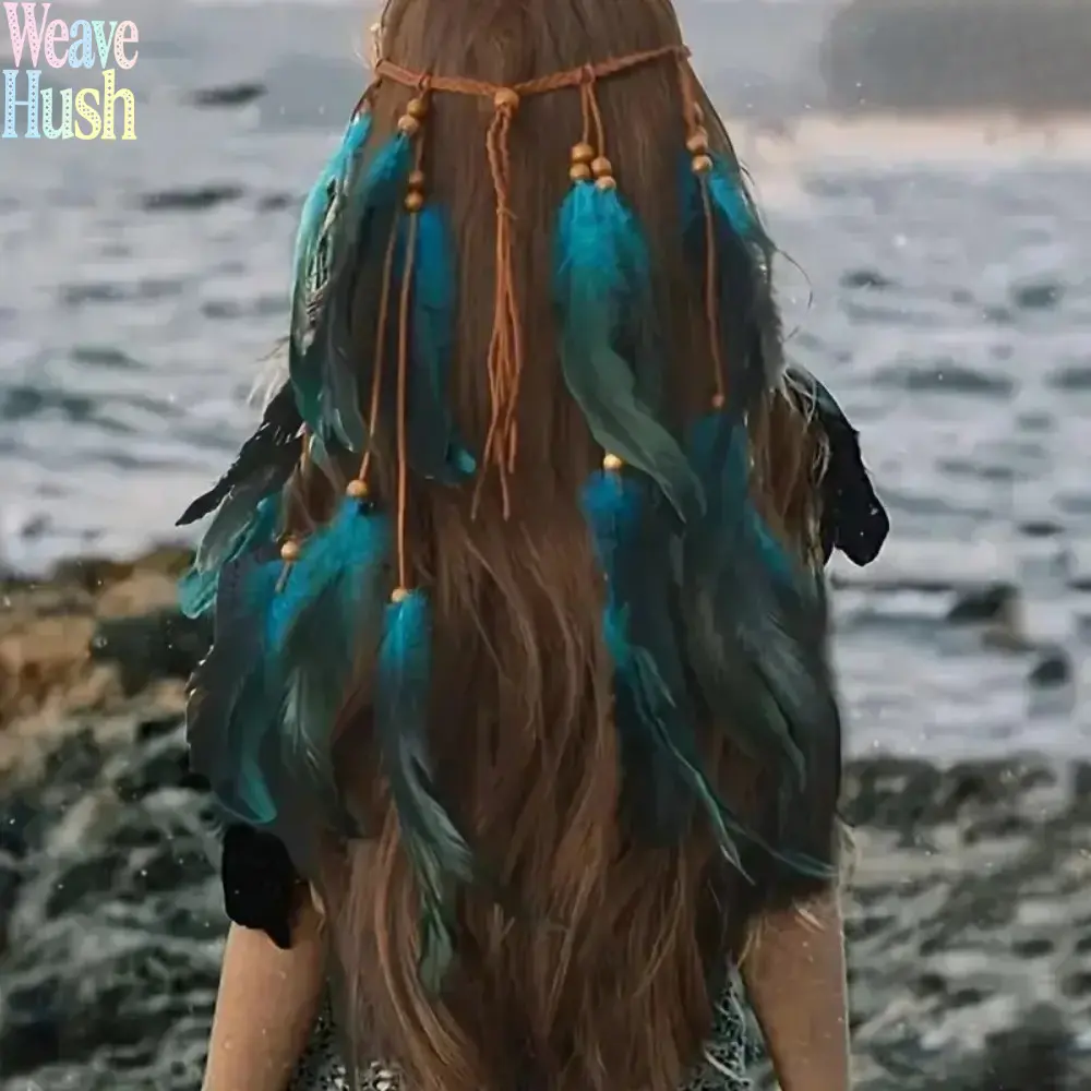 Women's Boho Feather Fringe Sports Headband - Handmade Hippie Look Accessory, Braided Tie-Back with Wood Beads, Lightweight Festival Accessories for Beach, Festivals