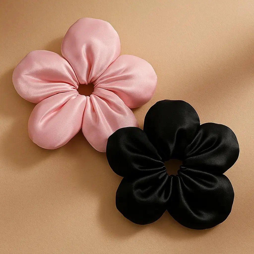 2PCS Women's Smooth Satin Scrunchies Set - Female Fashion Hair Accessories with Flower Motif, Elegant, Soft, Durable, Gentle Grip Hair Ties, Beauty Products for Daily, Party Styles (Pink, Black)