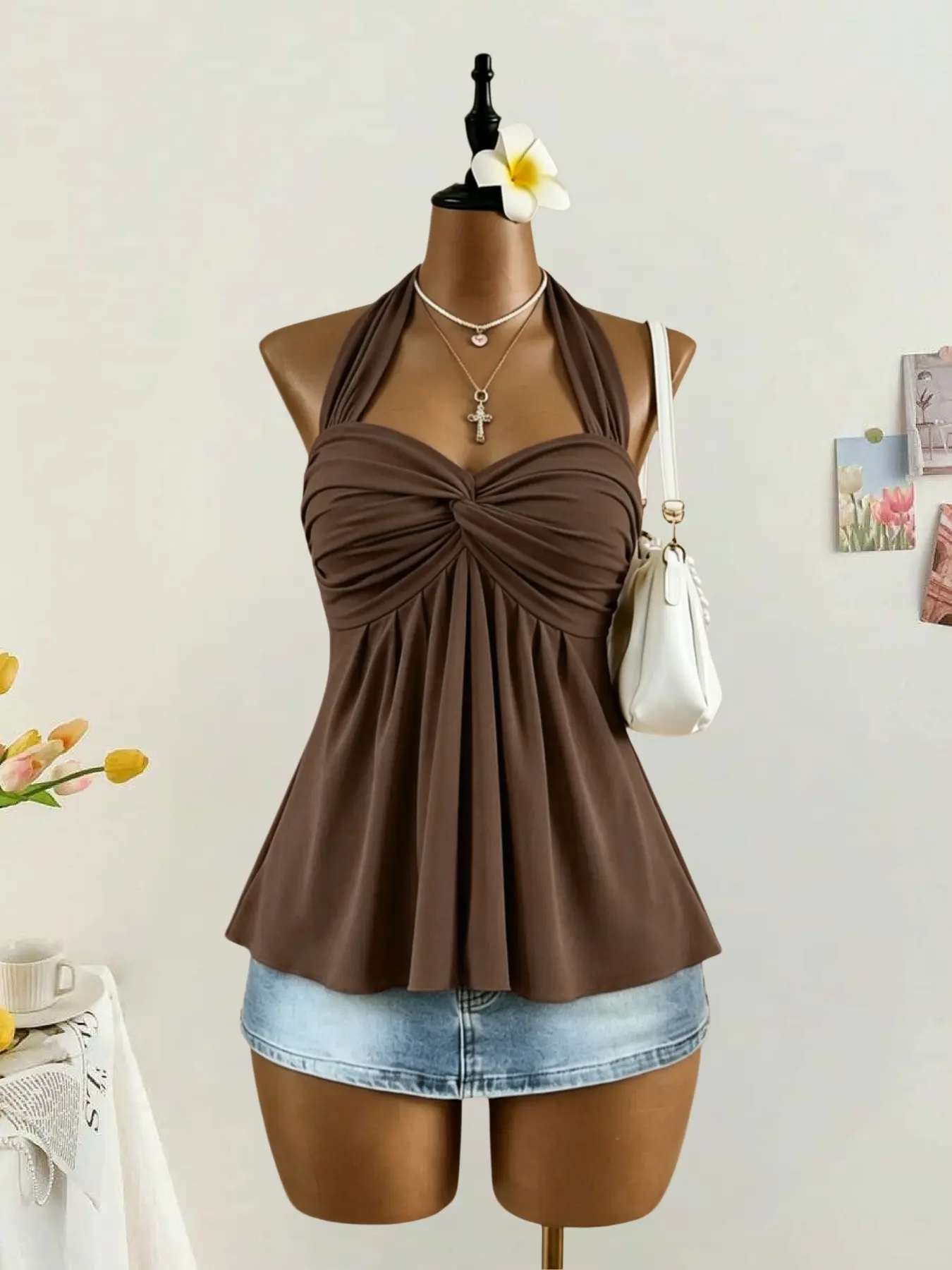 Elegant Solid Color Halter Neck V-Neck Knot Drop Shoulder Top, High Drape Smooth Fabric, Waist Cinch Conceal Belly, Loose Back Vest