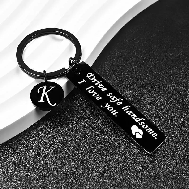 Personalized Modern Stainless Steel Initial Letter Keychain - Engraved Safe Driving Charm with Plastic Accents, Fashion Accessory Gift for New Drivers, Boyfriend