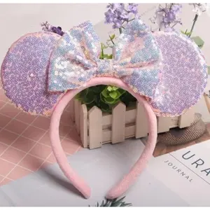 Unisex mouse ear headband with bow and sequins, used for cartoon princess costume cosplay decoration, for women and adults at glittery Christmas parties; FG1 (soft flannel pink)