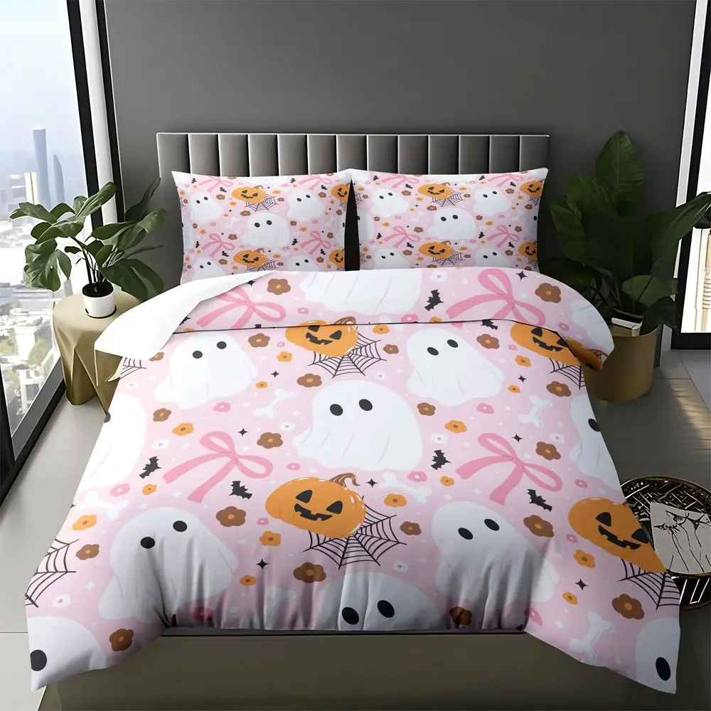 2/3Pcs Cute Pink Halloween Duvet Cover Set, Spooky Ghost and Pumpkin Bedding Set, Aesthetic Pastel Kawaii Duvet Cover with Pillowcase, Soft Microfiber Bedding for Girls Bedroom Decor No Fillers, Comfy Bedding Sets