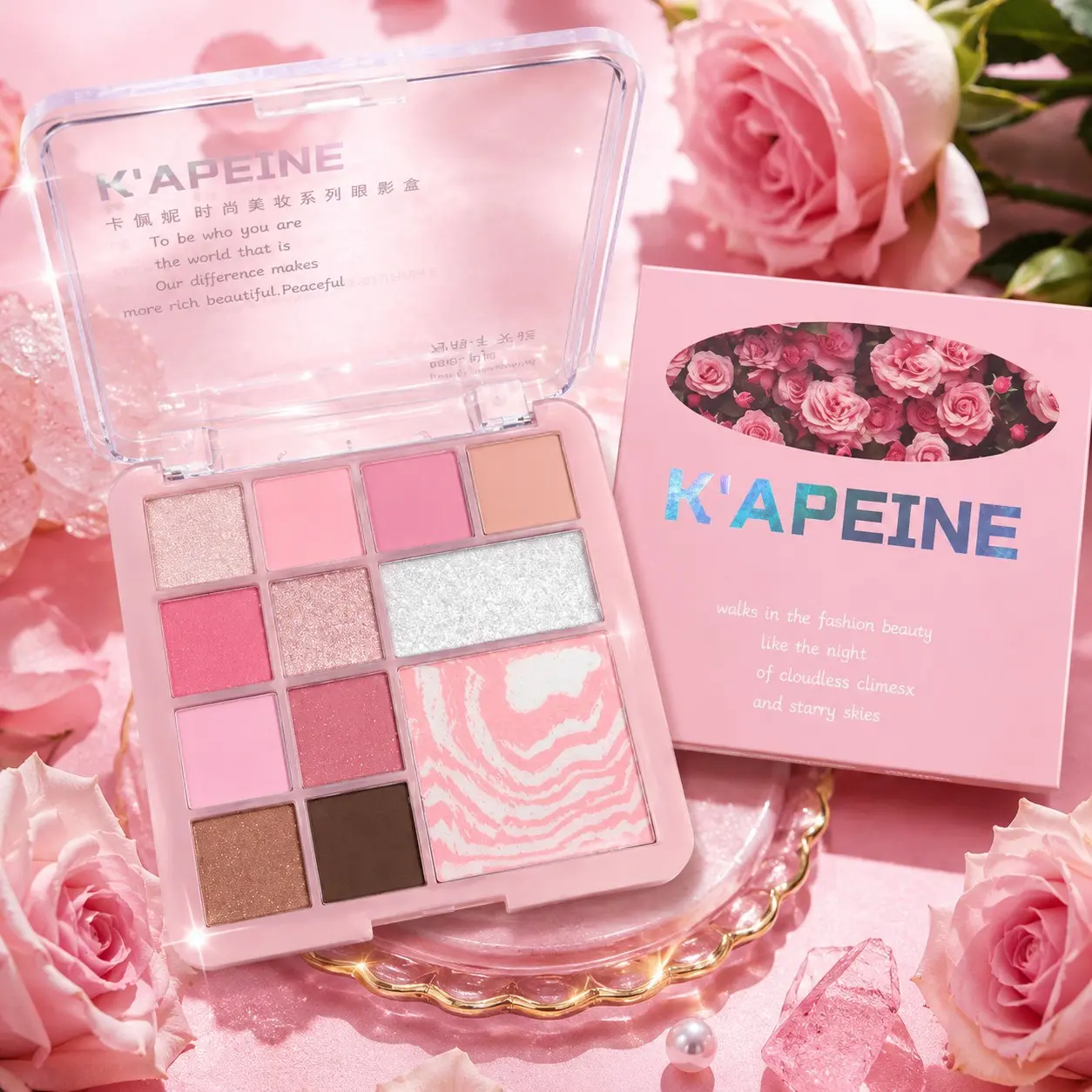 Rose Eyeshadow + Marbled Blush Palette, Eye Cheek Palette, Matte Finish, Multiple Glitter Textures, Romantic Daily & Dating Makeup, Single Item