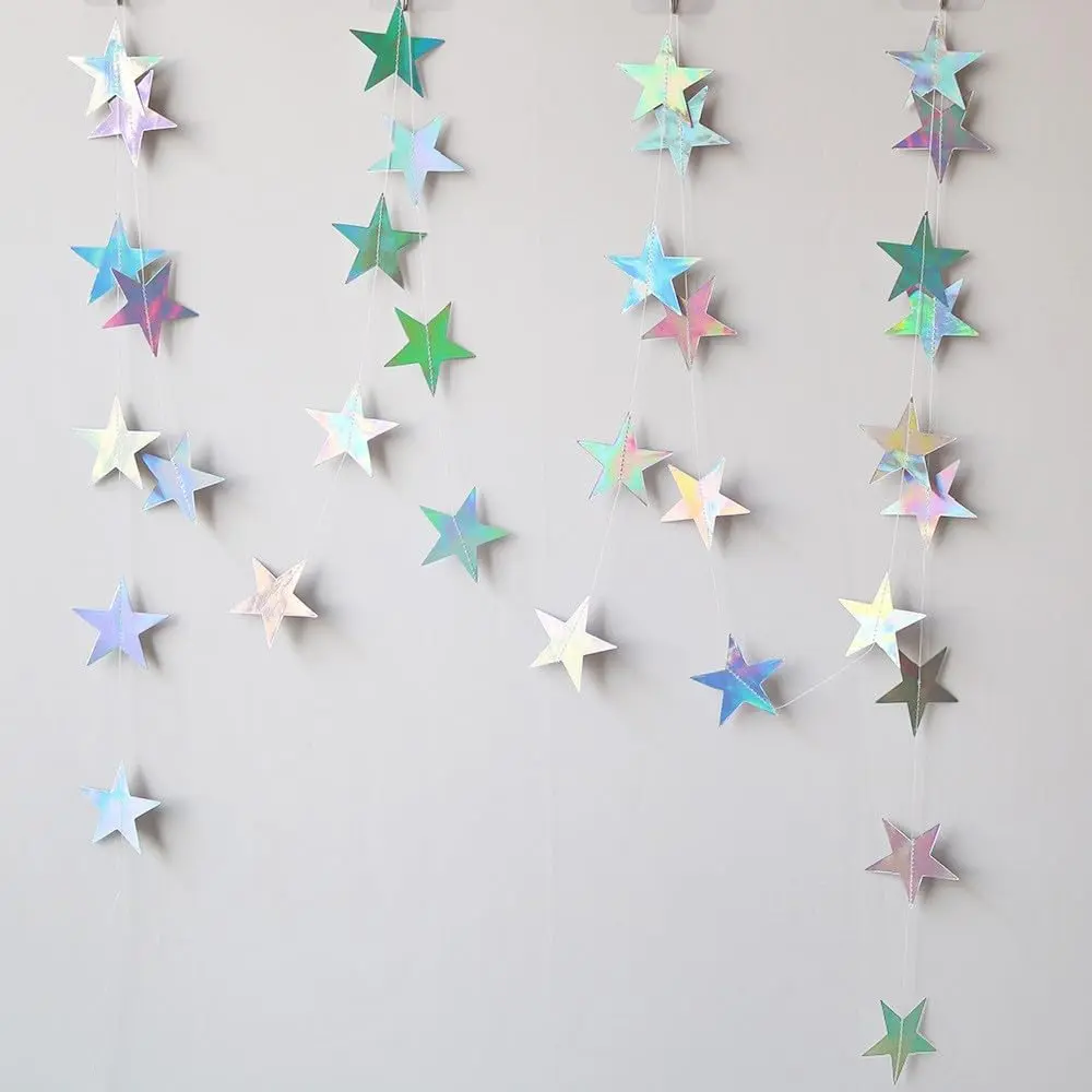 Iridescent Shining Star Hanging Garland Iridescent Hanging Sparkling Star Streamer Glitter Bunting Banner Twinkle Backdrop for Wedding Shower Birthday Christmas Decorations 40 Feet