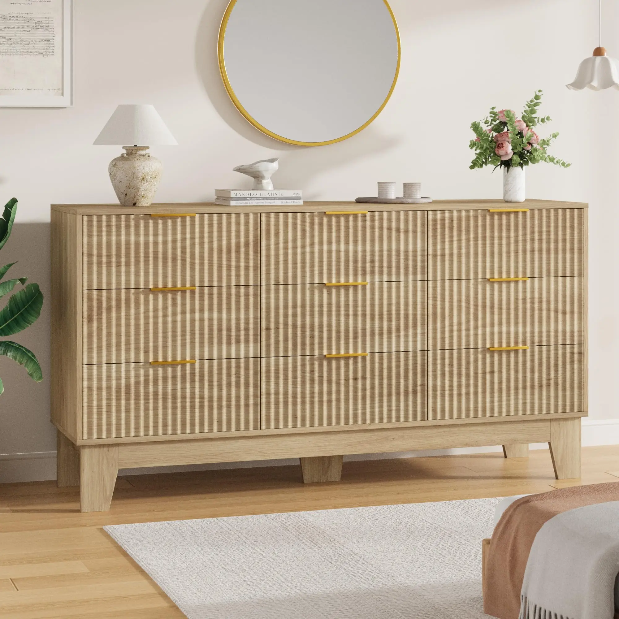 9 Drawer Dresser for Bedroom, 59" Wide Fluted Chest of Drawers with Metal Handle, Modern Wooden Dresser TV Stand, Clothes Storage Organizer Wood Closet for Hallway, Entryway,Oak/Black/White(2 Boxes)