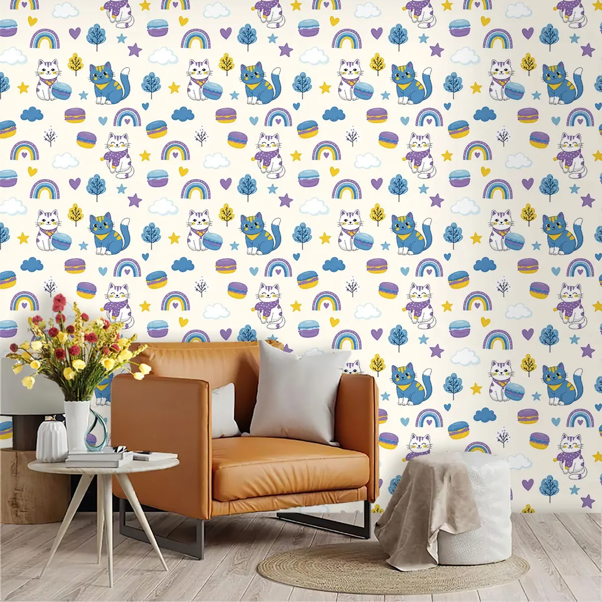 Cartoon Cats Wallpaper Roll, Mould-Proof PVC Wall Decal, Easy Peel & Stick, Ideal for Kitchen/living Room/bedroom Decor, Large Area Coverage