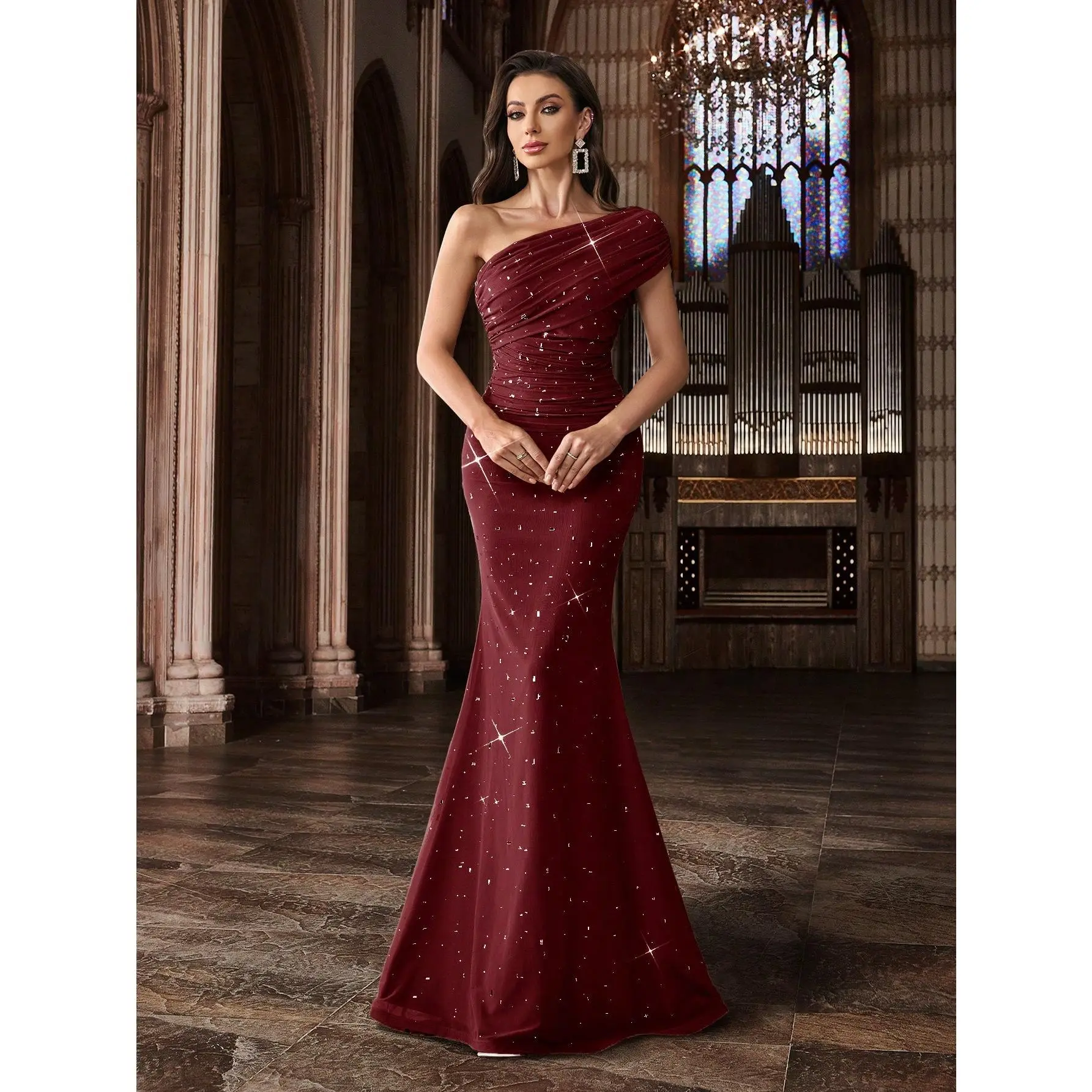 Women's Wine Red 1-Shoulder Sparkly Sequin Mermaid Formal Dress - Asymmetrical Sleeveless Ruched Lined Gown with Soft Mid-Stretch Smooth Fabric for Prom, Parties