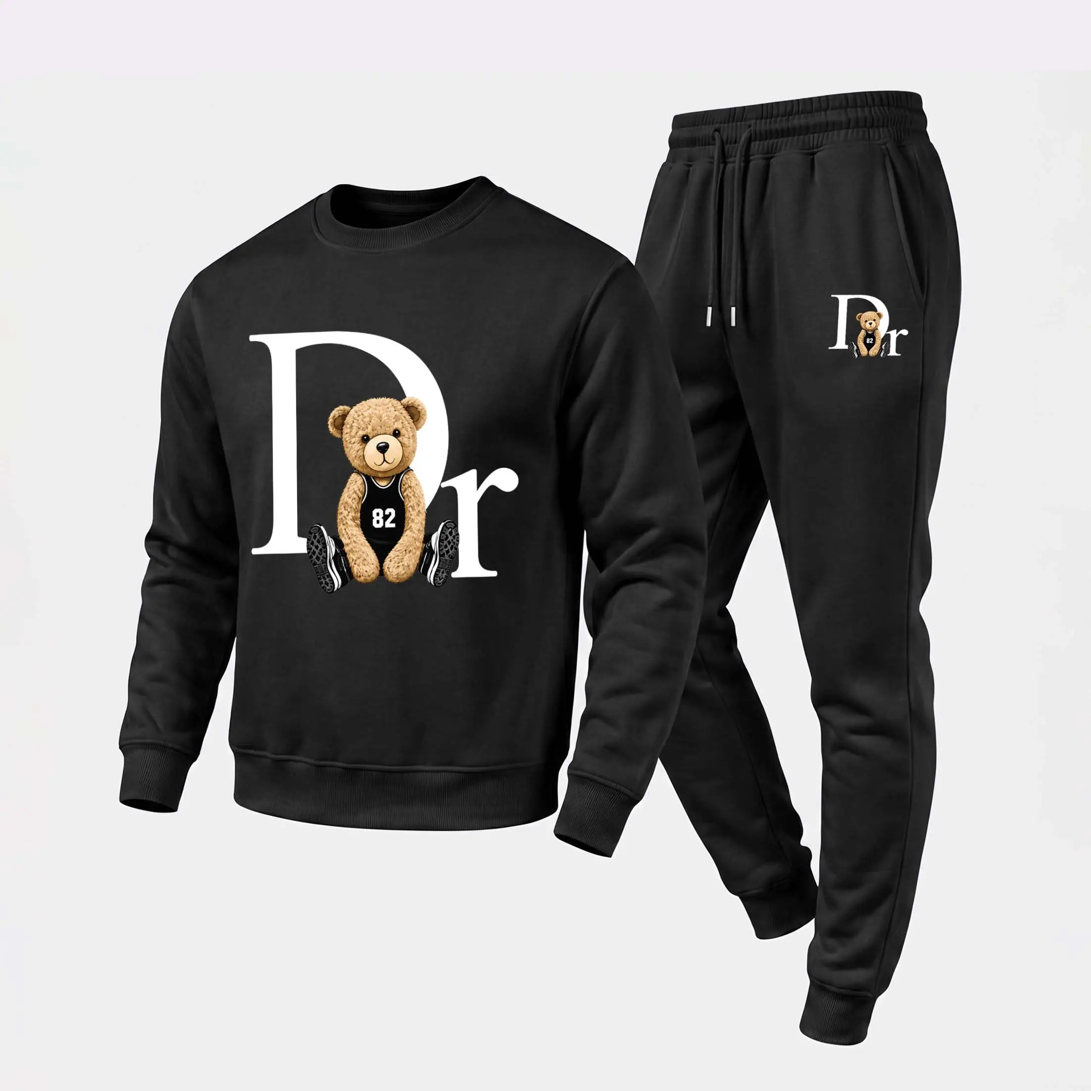Men's Dr Bear Graphic Crewneck Sweatshirt and Jogger Pants Set, Casual Long Sleeve Pullover with Drawstring Sweatpants, Fall Winter Tracksuit for Daily Wear, Travel, Lounge, Workout and Indoor Outdoor Activities