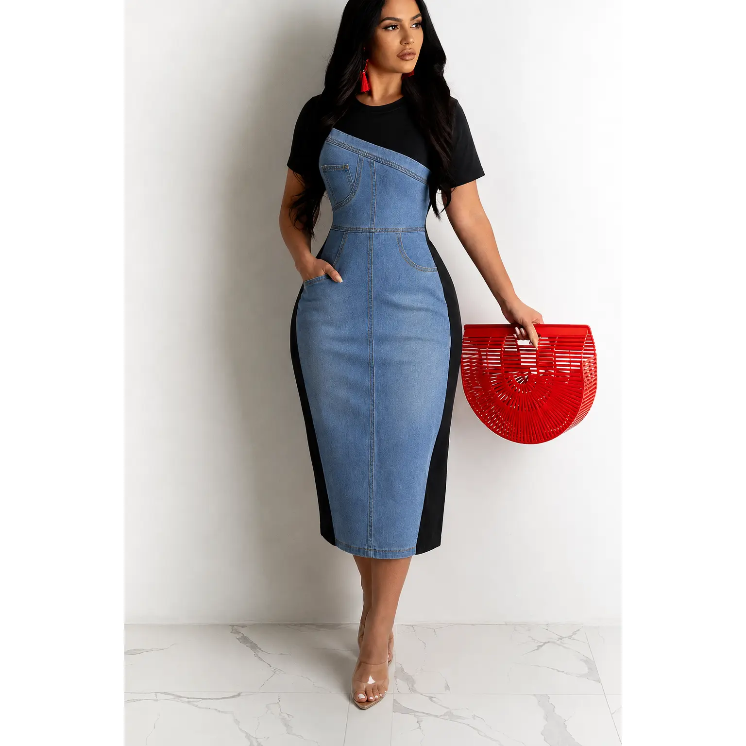 Plus Size Denim Maxi Dress, an Elegant French-Style Gown with Short Sleeves, Oblique Splice Detail, and Pockets, Plus Size Clothes, Curvy Dresses Plus Size