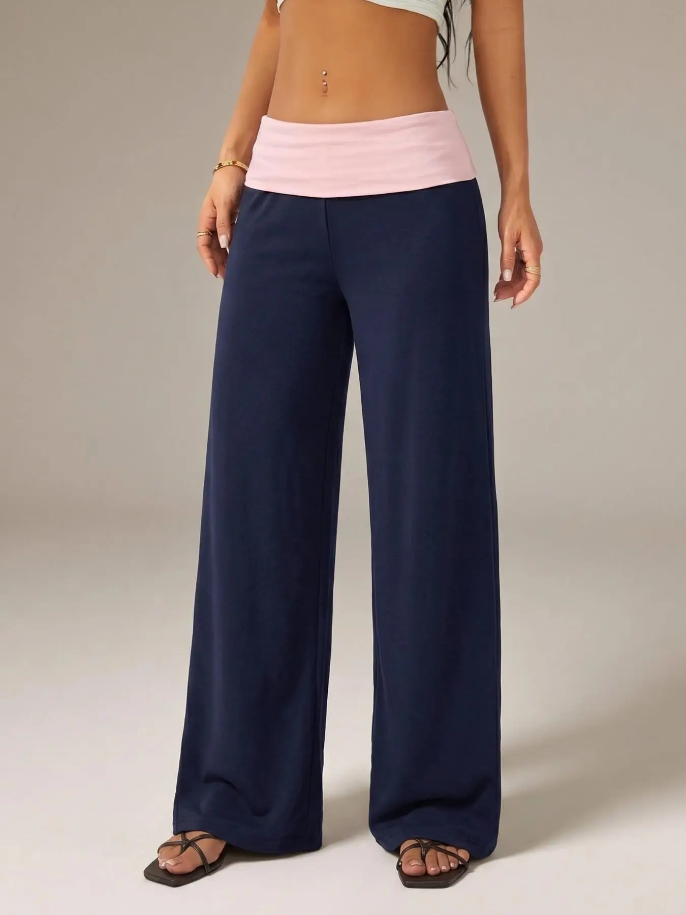 Buttery Soft Stretch Color Block Foldover Low Rise Waist Women Wide‑Leg Yoga Pants, Breathable Lightweight Casual Lounge Gym Workout Streetwear Loose Fit Comfy Trousers For Daily Wear Vacation Holiday Outfits Women Fashion Bottoms