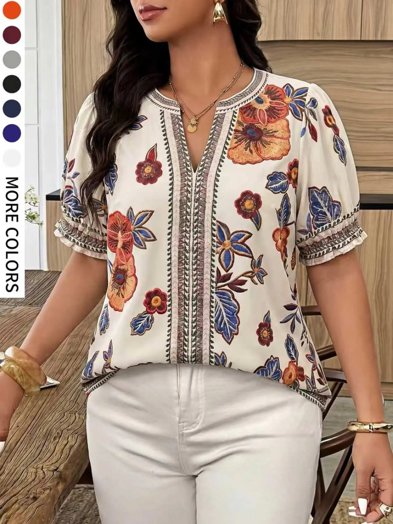 Plus Size Women's V Neck Floral Printed Casual Shirt Blouses, Lightweight Loose Blouses, Comfortable Loose Lantern Sleeve Pleated Design, Ideal for Daily Wear and Travel, Garden Party
