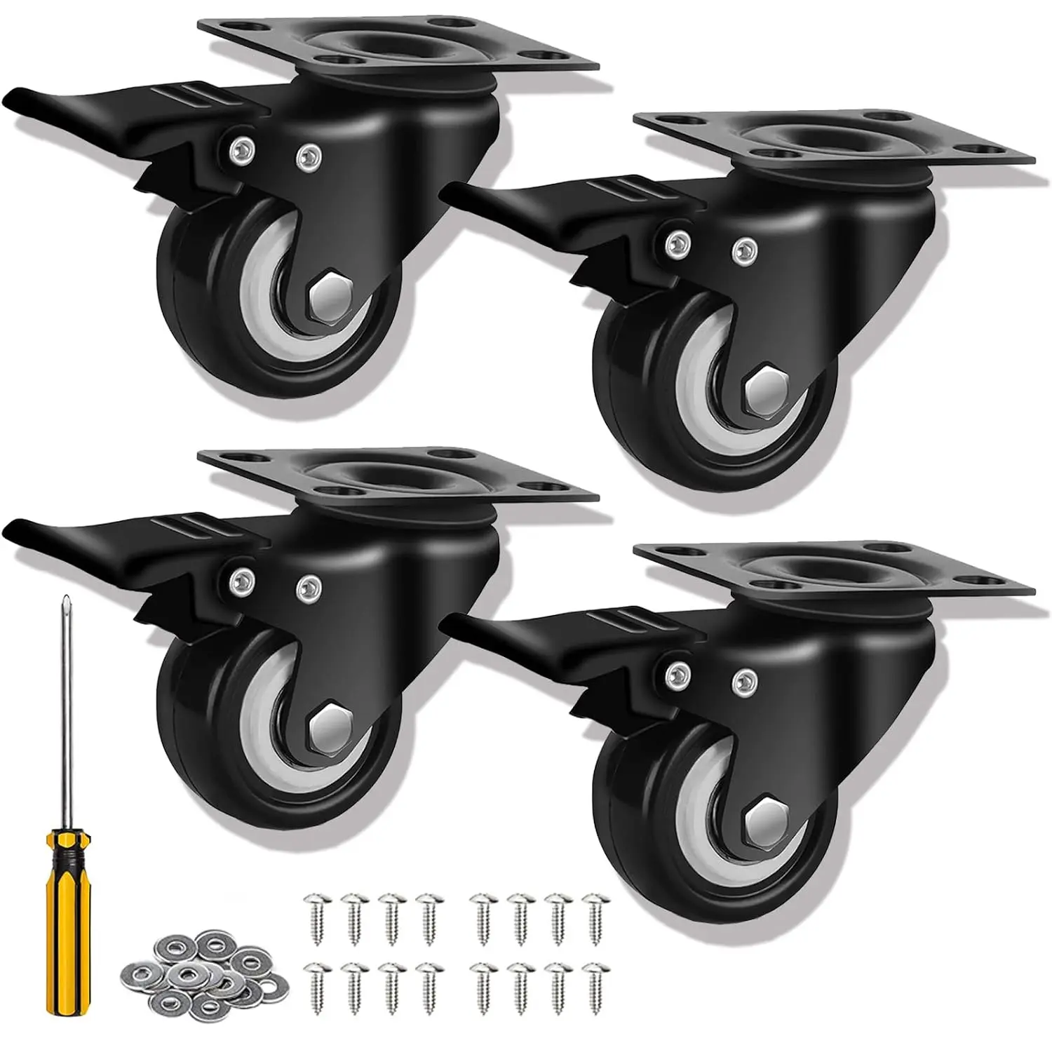 Caster Wheels, 2" Caster Set of 4, Heavy Duty Casters and Silent Polyurethane Wheels, Swivel Plate Castor Wheels for Cart, Black, 4 Pack