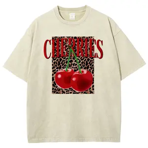 Unisex Vintage Leopard Print Red Cherries CHERRIES Text Y2K Style Graphict Washed T-Shirt Personalized Pattern Y2k Clothing Round Neck Washed T-Shirt,Women's Clothing 100% Cotton, Menswear, Top, Vintage Style,Summer Casual Oversized