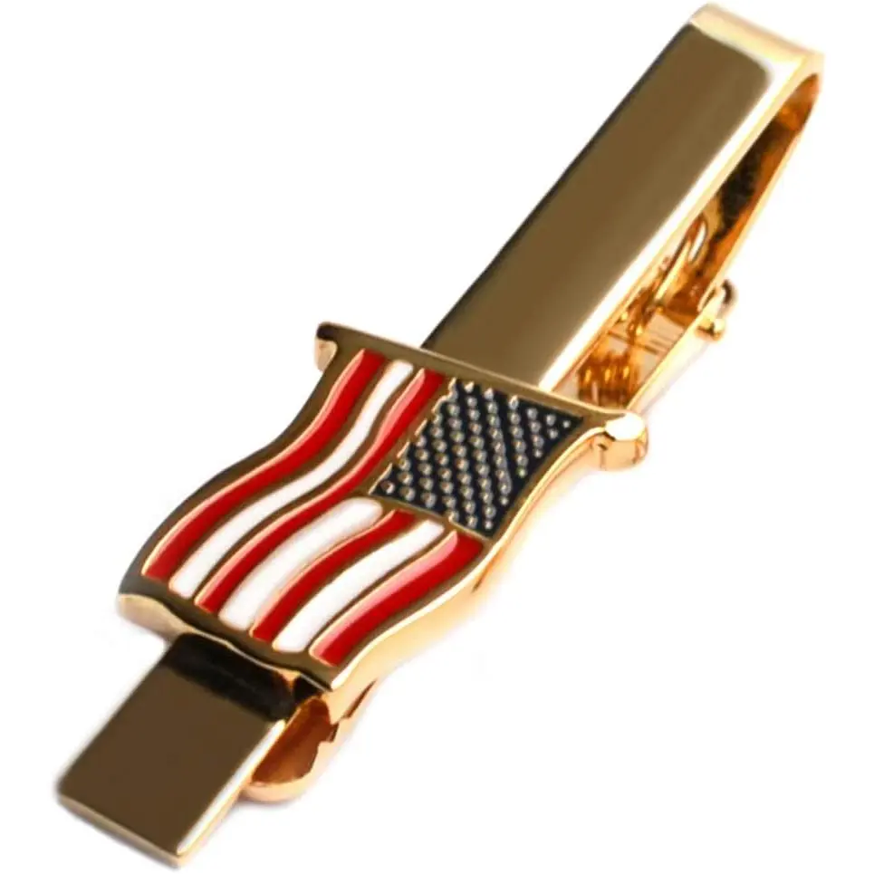 American Tie Clip for Men, Gold American Flag Necktie Bar Clips, Formal Tie Pins Stickpin Gift for USA Governor, Officer, Lawyer, Soldier, Patriot, Cops, Policemen (Waving Clip)