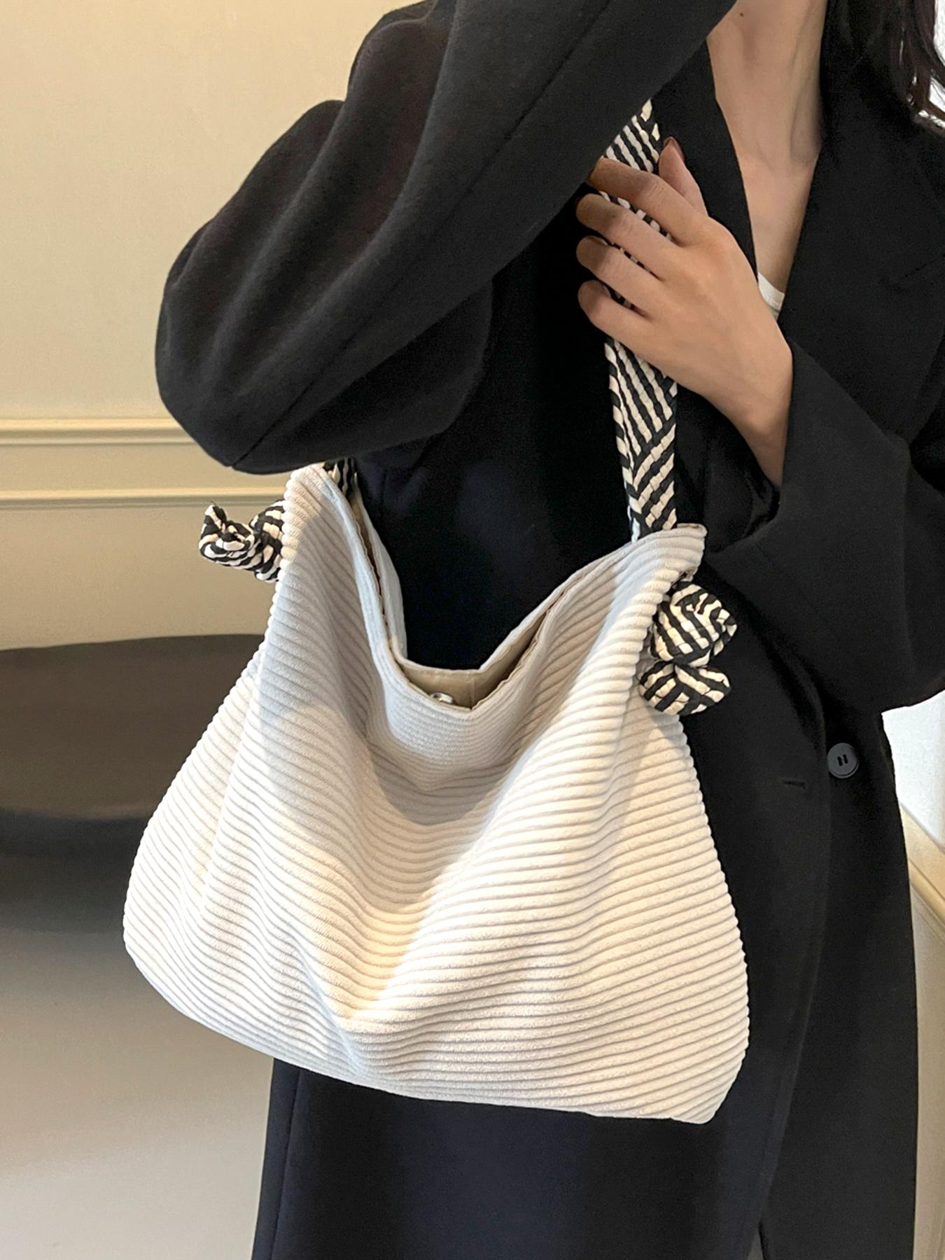 Tote shoulder underarm bag large capacity cloth bag crossbody commuter tote bag, with black and white striped wide shoulder strap, Casual lightweight bag, Crossbody shoulder bags, suitable for daily commuting office workers student party