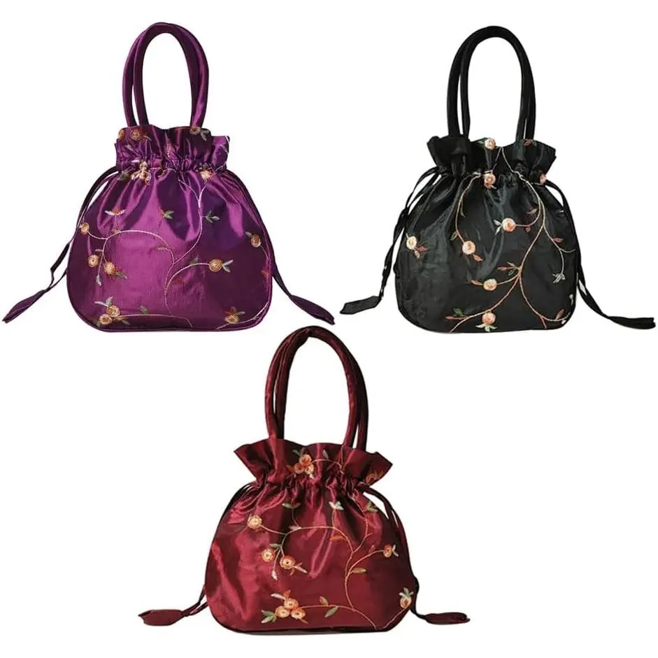 3 count Silk Drawstring Bag,  Embroidered Chinese Silk Brocade Embroidered Drawstring  Pouch Bag, Wallet  Bag,  Pouch Bag