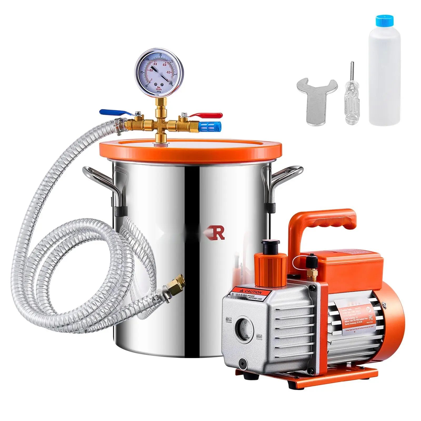 1.5 Gallon Vacuum Chamber Kit With 3.5 CFM Single-Stage Vacuum Pump For Degassing, Complete System With Chamber, Pump, And Accessories, Suitable For Laboratory, Electronics, Resin Curing, And Small-Scale Processing