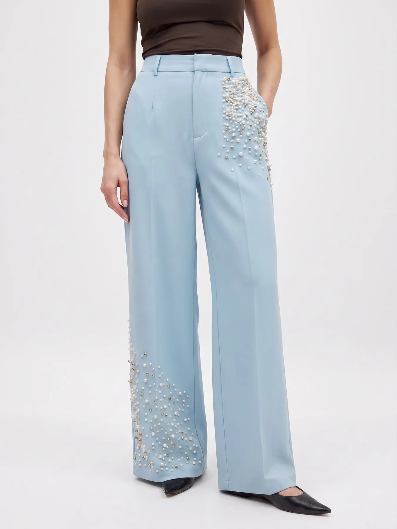 Elegant Retro Commuter Heavy Craft Pearl Rhinestone Light Blue Loose Wide Leg Pants, Women's Suit Long Pants, Fashionable and Comfortable