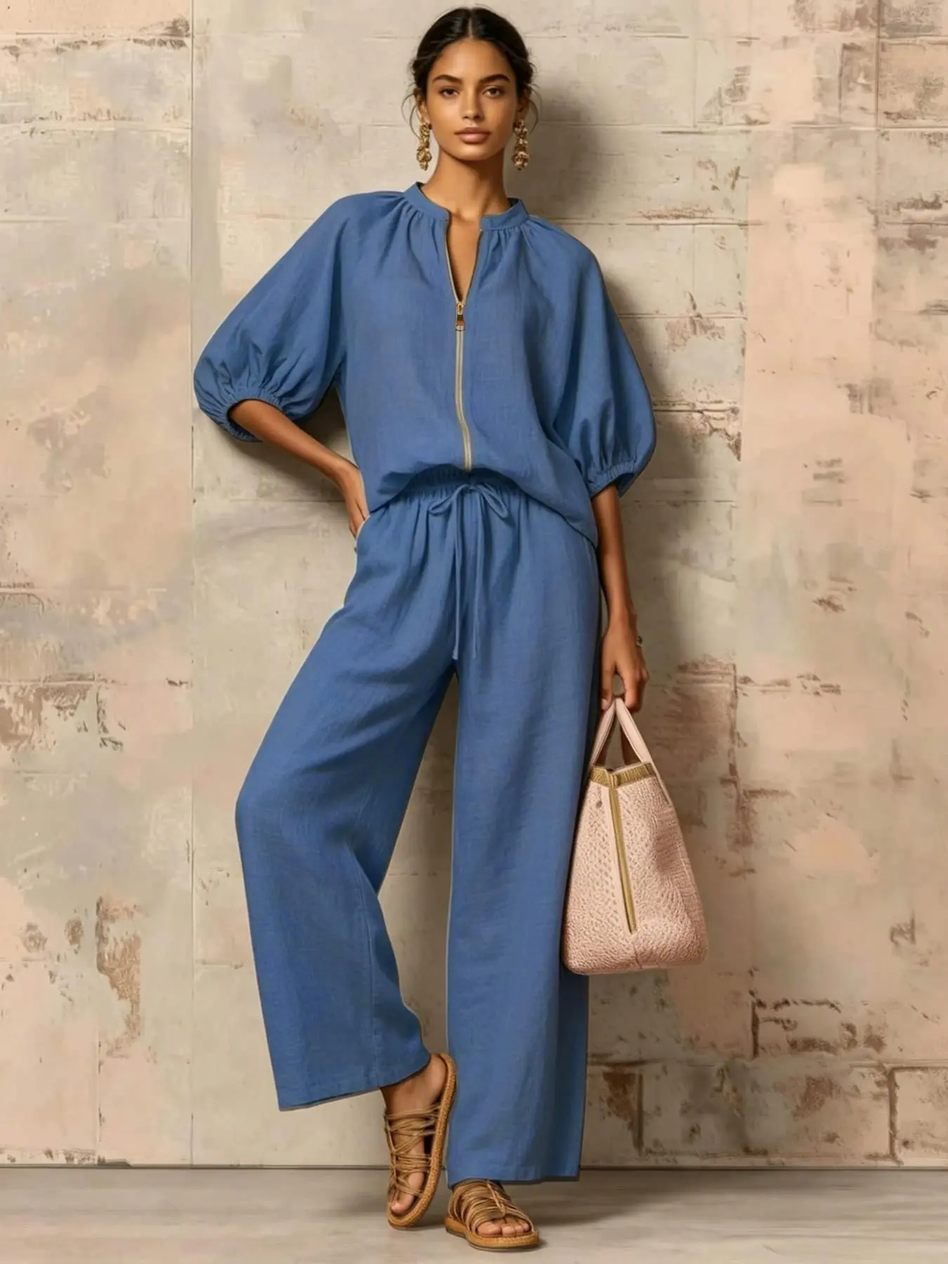 Two-Piece Women's Vacation Casual Fashion Baggy Set, Solid-Color Zip-Up Round-Neck Loose Top and Wide-Leg Pants, Suitable for All Seasons, Ideal for Vacation, Indoor and Outdoor Wear