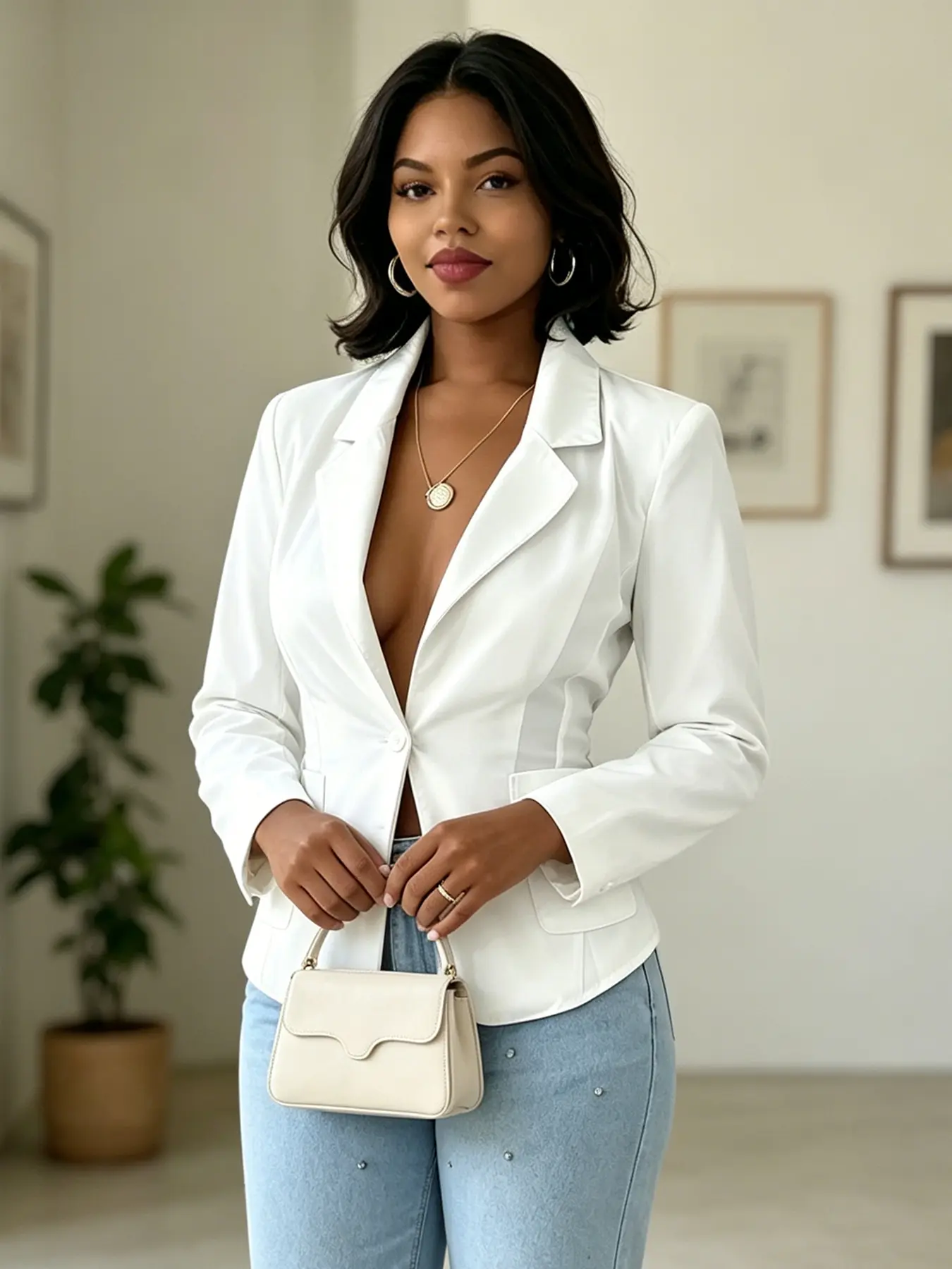 A ladies' pure white satin waist-cinched dressy blazer with back lacing design, featuring a slim-fitting silhouette, open-back crossover tie detail, smooth lightweight breathability, suitable for daily wear, outings, styling, Versatile blazer