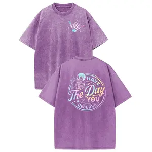 Women's Oversize Acid Wash Vintage Skeleton Pattern Short-Sleeve Cotton T-Shirt, Wayii Fashion Streetwear with Sarcastic Quote, Casual Comfortable Tee for Sports & Daily Wear