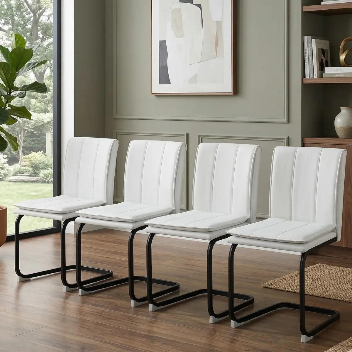 [Bellemave] Set of 4 Modern PU Leather Dining Chairs, Cantilever Upholstered Side Chairs with Metal Legs, Suitable for Kitchens, Living Rooms, Bedrooms