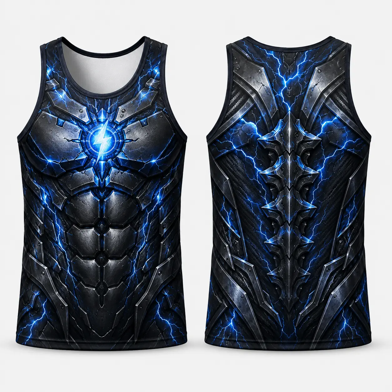 Men's Blue Lightning Armor Graphic Tank Top, 3D-Effect Sleeveless Shirt for Gym, Festival, Cosplay & Halloween