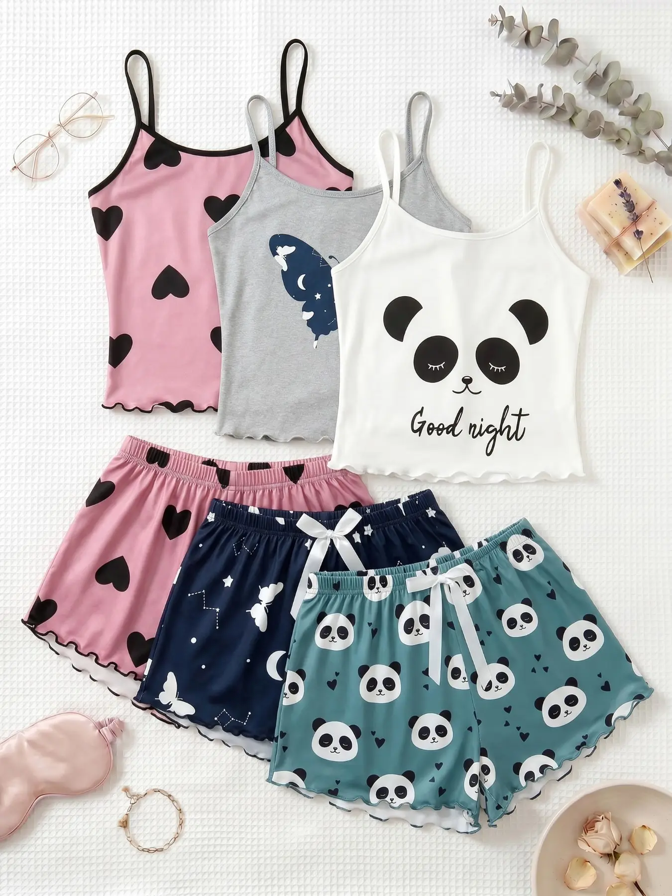3-Piece Pajama Set, Heart Butterfly Panda Print, Sleeveless, Sweet Cool Aesthetic Style, Breathable Home Sleepwear, Trim, Above Knee Hem