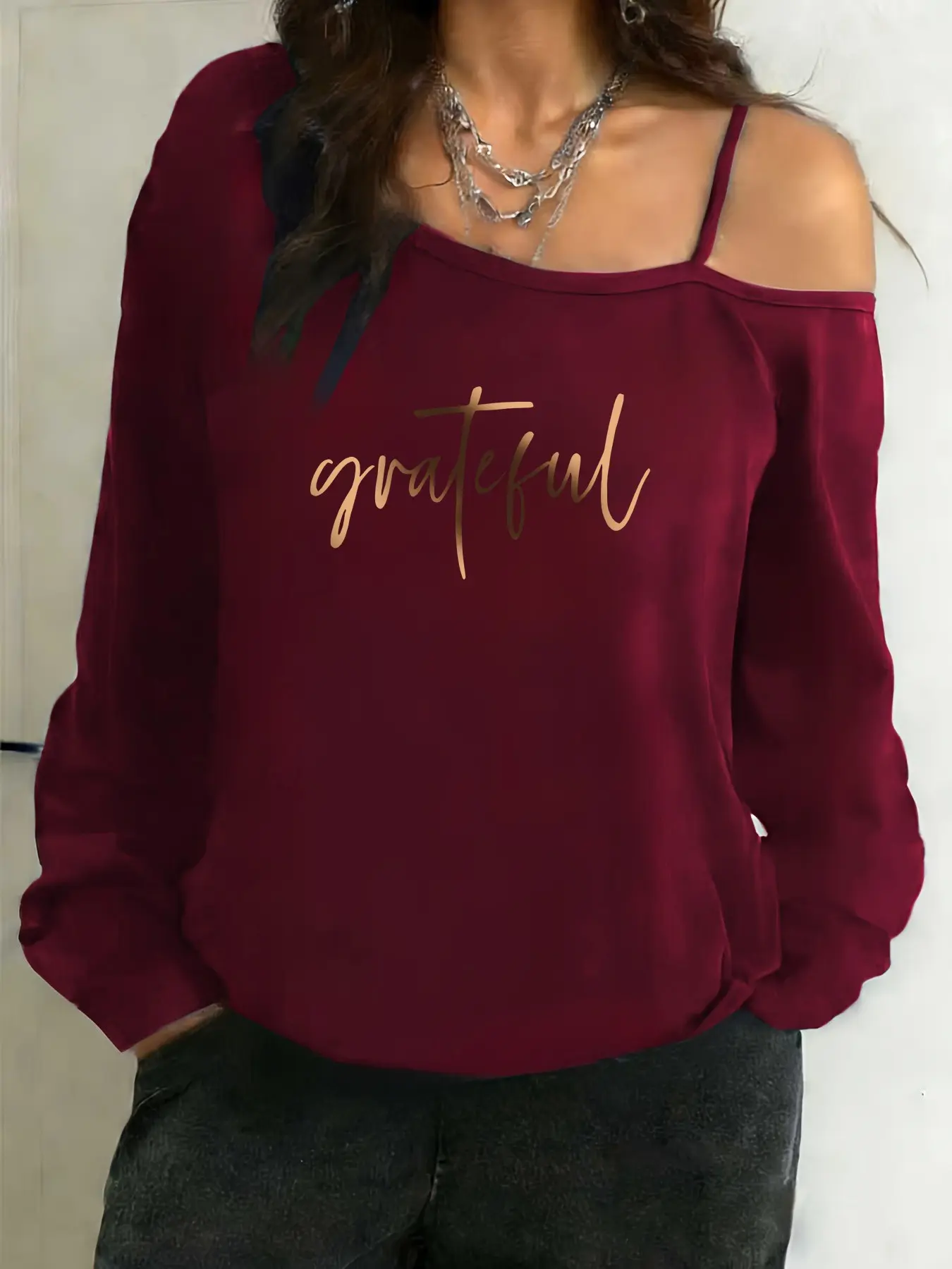 Women's Off-Shoulder Long Sleeve T-Shirt, Letter Print Pattern, Casual Comfortable Daily Wear, Top