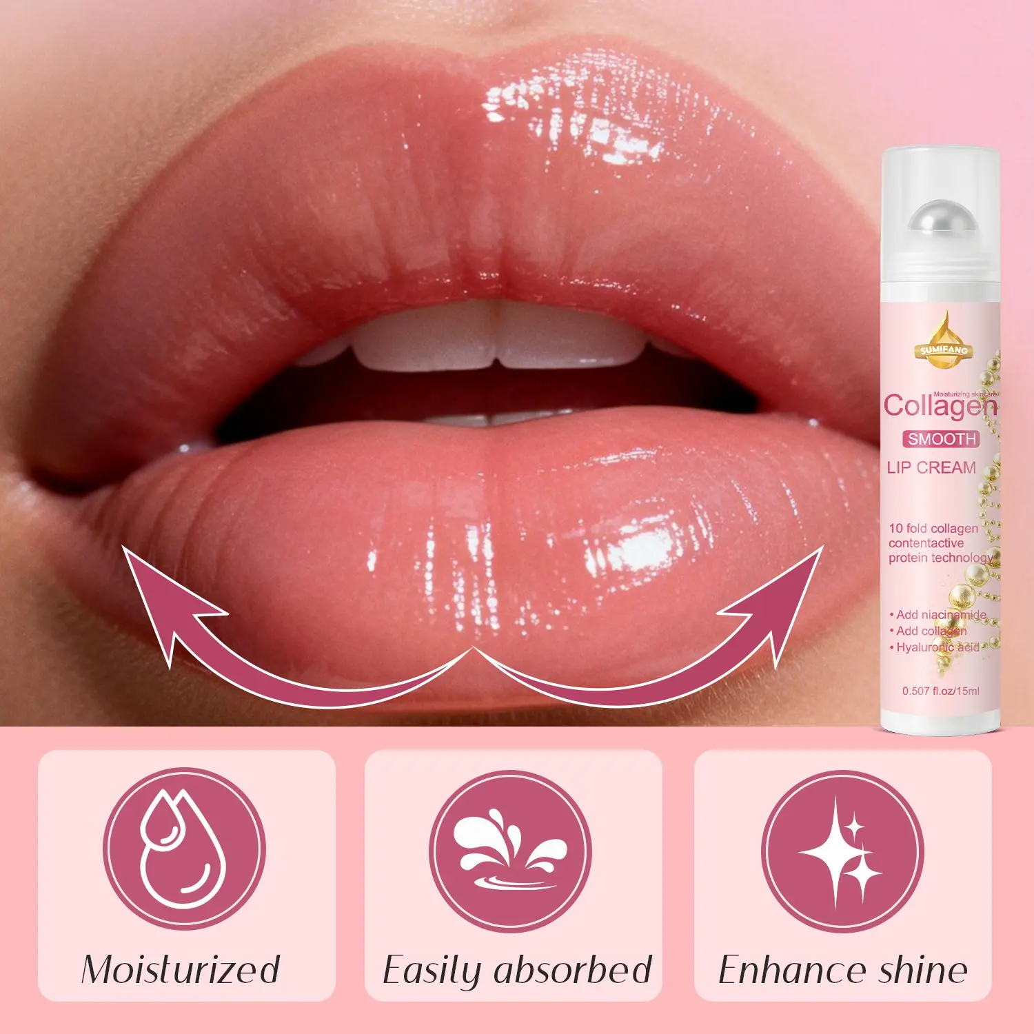 SUMIFANG Collagen Lip Cream 15ml - Collagen + Niacinamide + Hyaluronic Acid – Moisturizing, Plumps lips, smooths lip lines, deeply moisturizes | Repairs dry lips, improves lip elasticity | Can be used as a lip balm base