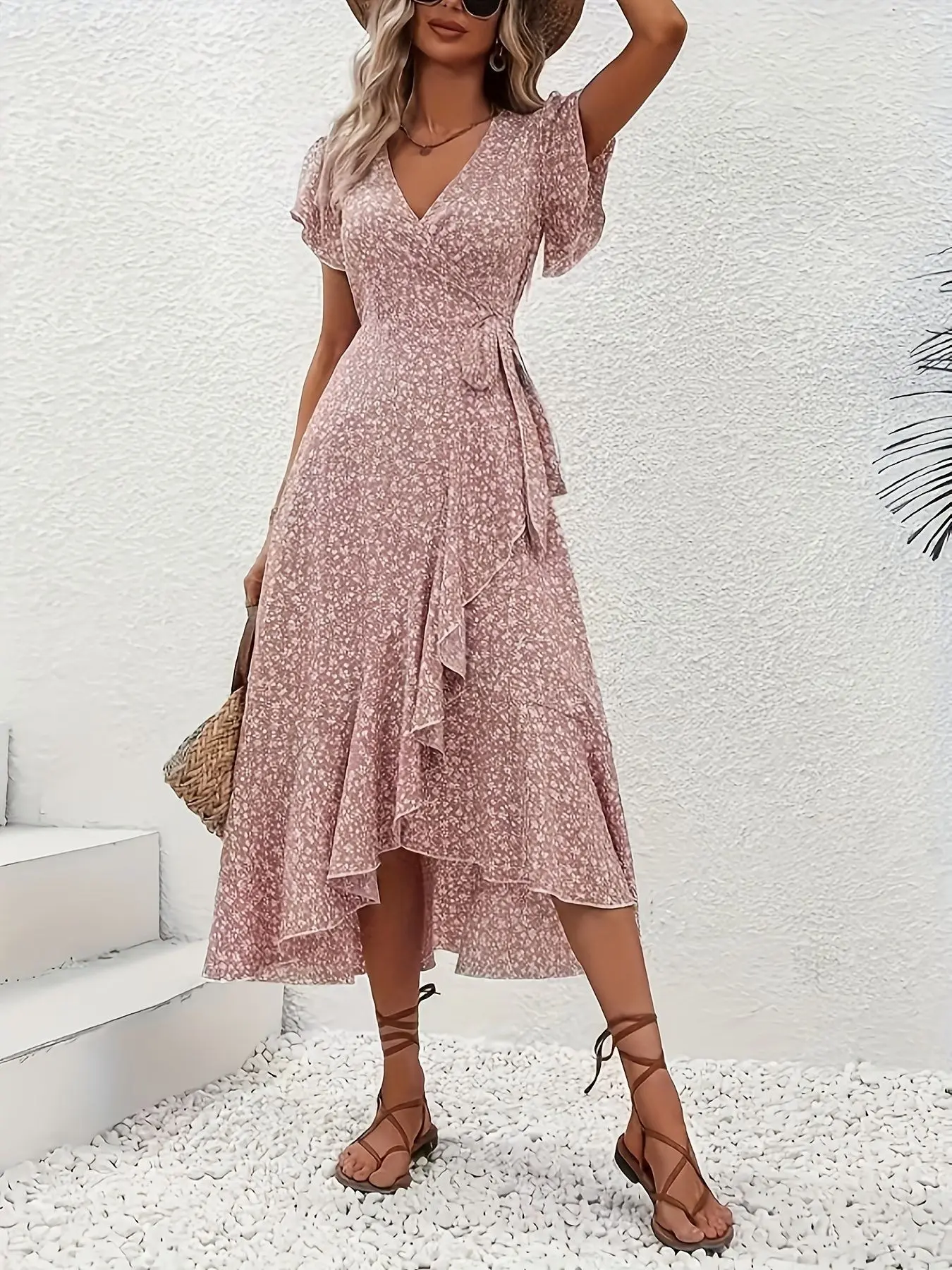 Bohemian Vacation Maxi Dress, Casual, Small Floral Print, V-Neck, Cardigan Style, Tie Waist, Adjustable, Slim, Short Sleeve, Perfect for Summer