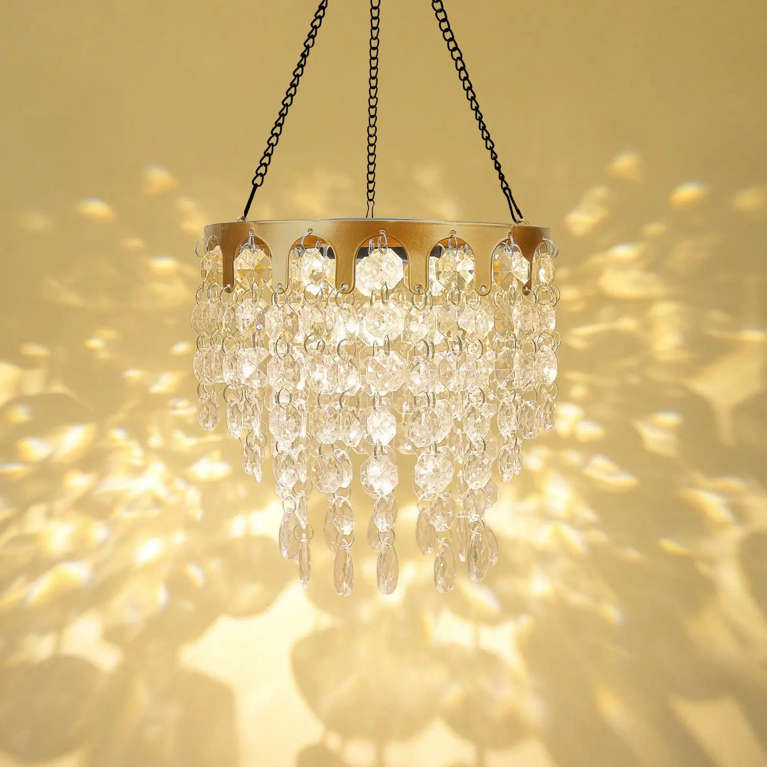 Solar Powered Hanging Chandelier Gold Metal Frame Acrylic Crystal Waterproof Outdoor Hanging Light For Patio, Wedding, Party, Garden Decor Rechargeable LED Pendant Lamp