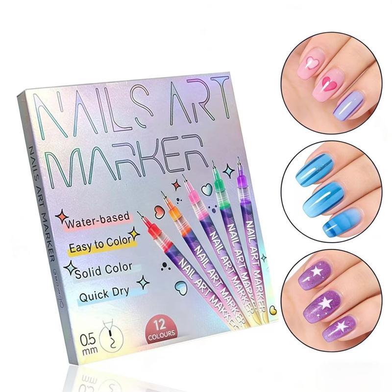 12-Color Nail Art Pen Set - Quick-Drying Acrylic Markers with 0.5mm Ultra-Fine Tip for Precision Line Work & Detailed Nail Art - Highly Pigmented DIY Manicure Kit for Creating 3D Doodles, Flowers & Abstract Designs