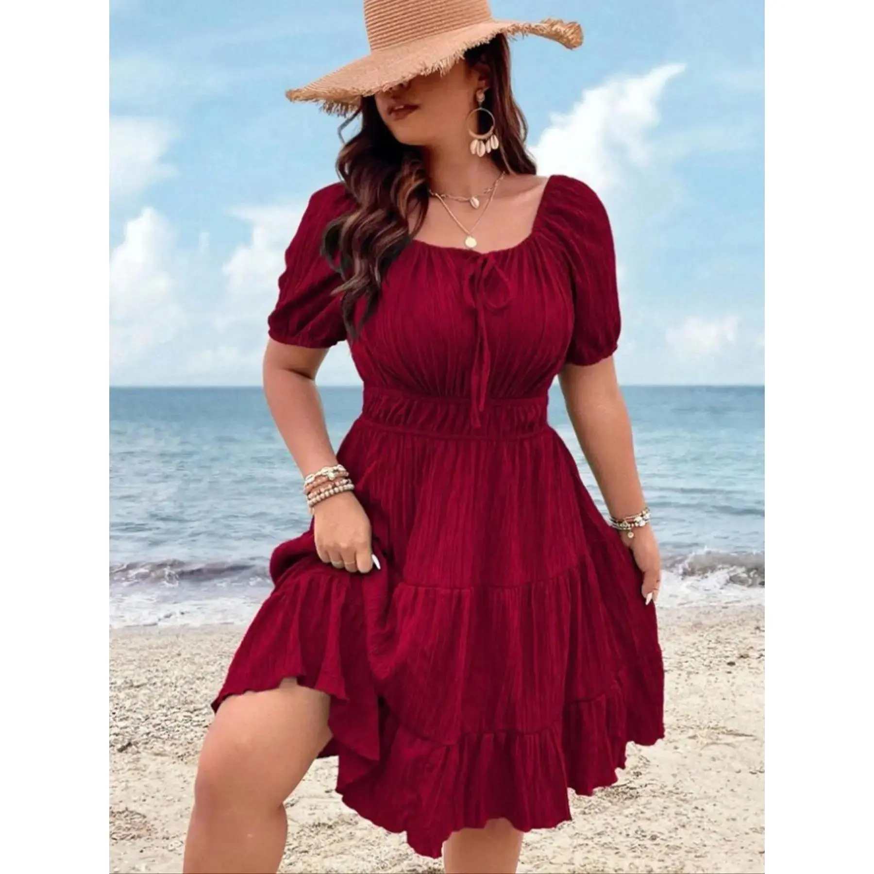 【Plus Size】 Solid Tie Front Dress, Plus Elegant Short Sleeve Dress for Summer, Women's Plus Clothing for Beach Holiday, Plus Size Tummy Flattering Dresses, Casual Fashion Dress, Boho Style Dresses
