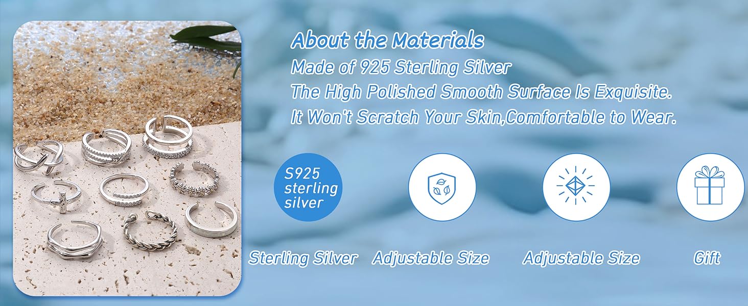 Adjustable Toe Ring Beach Band Nail Rings for Women 925 Sterling Silver Toe Rings Daisy Flower CZ Cross Opal Twist Knot Rings Cuff,Open Womens Foot Jewelry