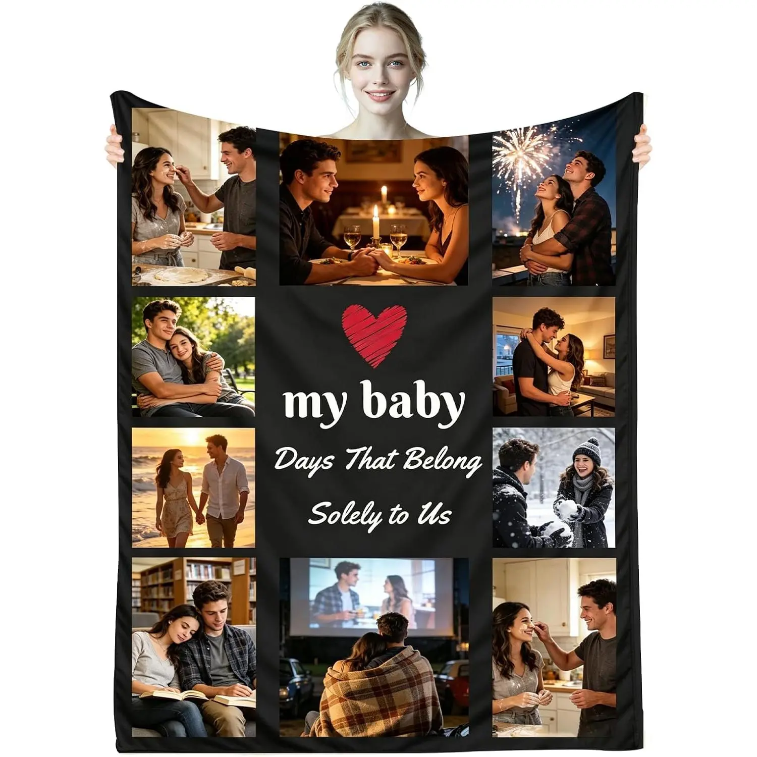 Personalized Couple Photo Flannel Blanket, 9-Grid Heart Design Throw, Romantic Gift for Valentine's Day Anniversary Engagement, Love Gifts for Boyfriend Girlfriend, Soft Cozy Warm for Bed Couch Home Decor, Romance