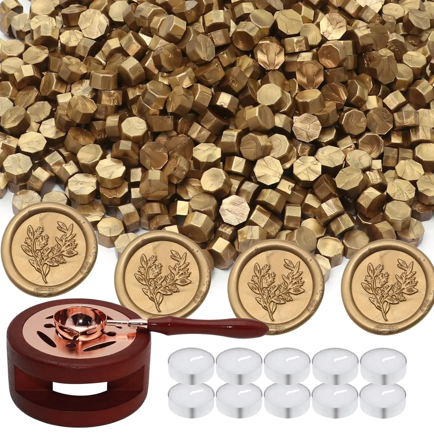 Wax Seal Beads Kit - 300pcs Antique Gold Sealing Wax Beads with Wood Melting Warmer, Spoon & 10 Mini Candles for Stamp Seals, Wedding Invitation, Envelope, Cards, Gift Wrapping Decorations